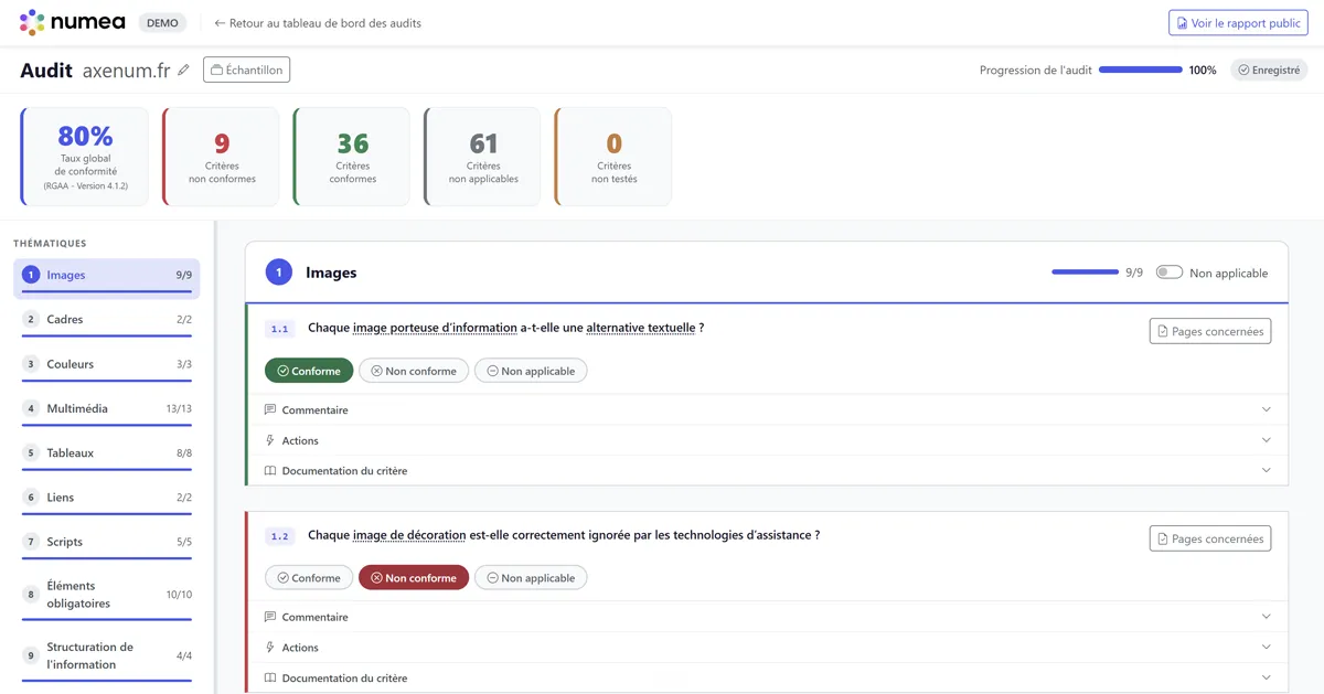 Capture d'écran d'un audit RGAA en cours : critères groupés par thématique, avec leur statut.