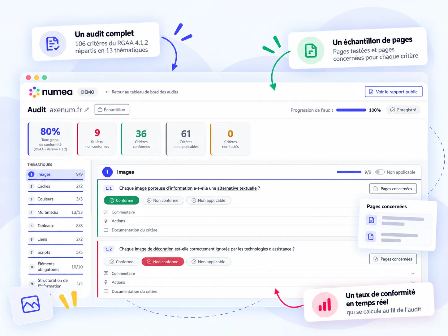 Capture d'écran de la page d'évaluation d'un audit RGAA.