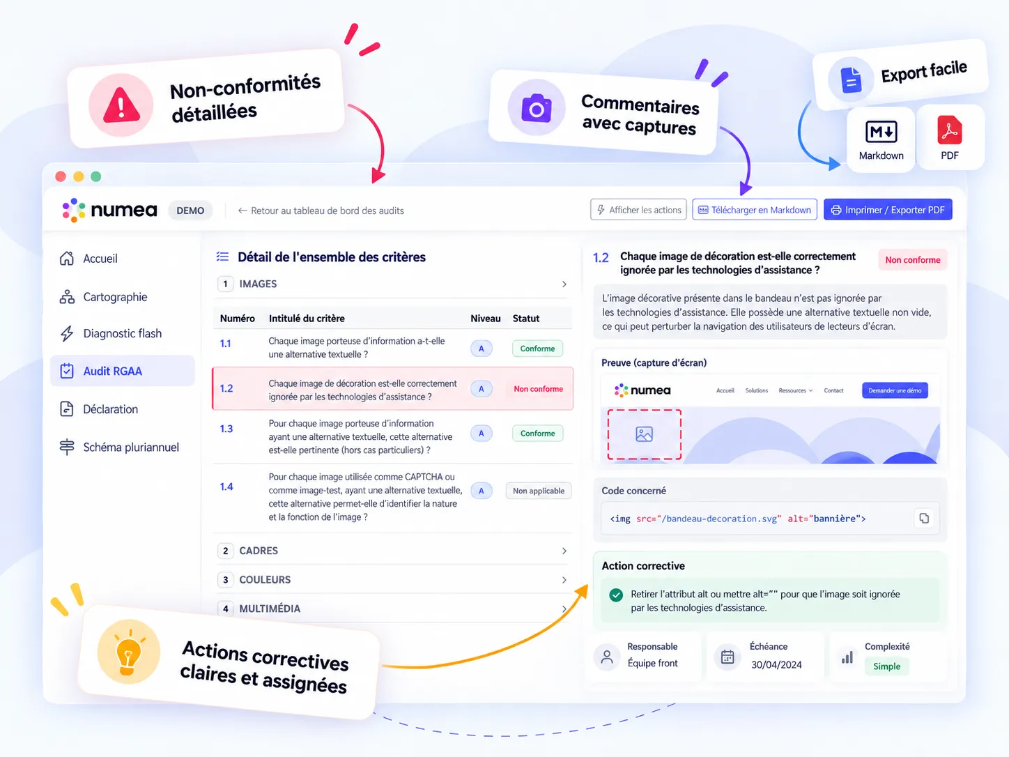 Capture d'écran d'un rapport d'audit listant les non-conformités et les actions correctives.