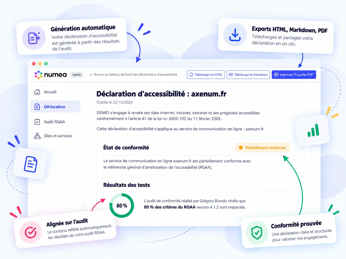 Capture d'écran d'une déclaration d'accessibilité générée.
